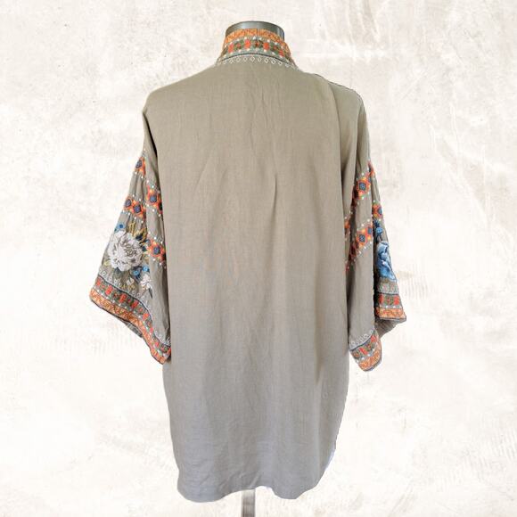 Johnny Was Tan Floral Kimono Jacket with Ornate Trim - Picture 4 of 13